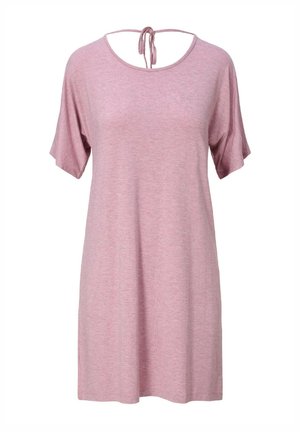 Hellrosa legeres Kurzarmkleid mit lockerem Schnitt und rundem Ausschnitt, der hinten mit einer Schleife gebunden ist.