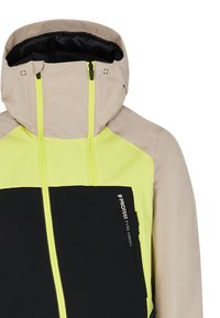 Farbenblockierte wasserdichte Jacke in hellbeige, schwarz und neongelb. Verfügt über eine Kapuze, einen Reißverschluss vorne und Logodetails.