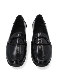Zwarte gepatineerde leren loafers met een gladde afwerking, met een ronde neus en een decoratieve, dunne band over de wreef.