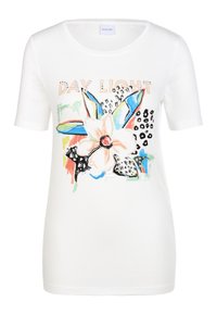 Camiseta blanca de algodón de manga corta con un colorido estampado floral y el texto "DAY LIGHT". Incluye acentos en negro y azul.