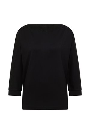 Top de mujer negro de manga larga con escote barco, puños ajustados y un sutil detalle de tejido brillante en las mangas y el escote.