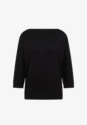 Maglietta nera a maniche lunghe da donna con scollatura a barca, polsini aderenti e un sottile dettaglio di tessuto luccicante lungo le maniche e la scollatura.