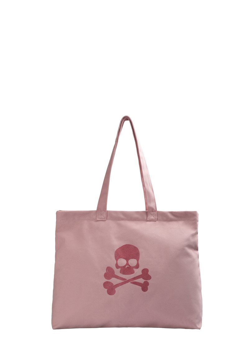 Borsa tote in tela rosa con un design centrale di teschio e ossa incrociate rosse. La borsa presenta due manici robusti e una forma rettangolare.