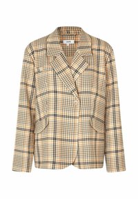 Beige und schwarzer Karoblazer mit Revers, zwei vorderen Taschen und einem einzelnen Knopfverschluss. Strukturierter Stoff mit taillierter Passform.