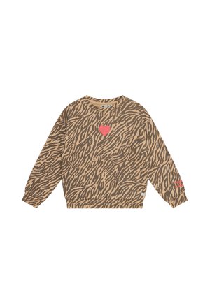 Jersey de manga larga con rayas de tigre en marrón y beige, con un pequeño corazón rojo en el pecho y texto rosa en el puño de la manga derecha.