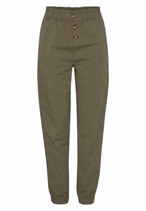 Olive green trousers with an elastic waistband, three wooden buttons at the front, and elastic cuffs at the ankles; smooth fabric texture.