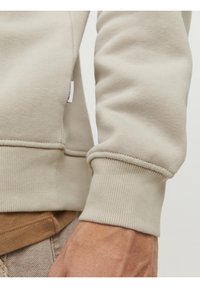 Felpa beige chiaro con polsini a costine e una piccola etichetta in tessuto sul lato. Il tessuto sembra morbido con una texture liscia.