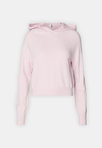 Rosa gekürzter Hoodie aus weichem Strickstoff mit langen Ärmeln, Kordelzugkapuze sowie geripptem Saum und Bündchen. Glatte Textur, minimalistisches Design.