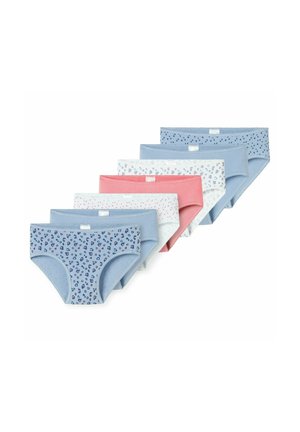 Sieben Paar Baumwoll-Slips in Blau-, Rosa- und Weißtönen, mit Mustern aus Punkten und Herzen, jeweils mit elastischen Bündchen.