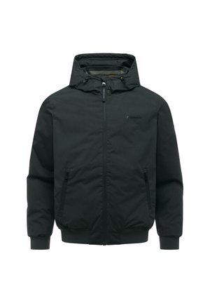 Schwarze Kapuzenjacke mit Frontreißverschluss, zwei seitlichen Reißverschlusstaschen, Rippbündchen und minimalem Branding auf der Brust.