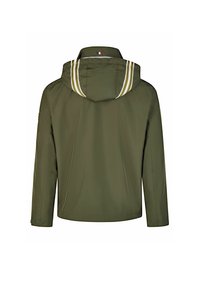 Olivgrüne, wasserdichte Jacke mit Kapuze, die weiße Akzentstreifen, eine glatte Textur und einen geraden Schnitt aufweist.