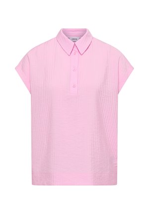 Vaaleanpunainen lyhythihainen paita, jossa terävä kaulus, kolmen napin lista ja hienovarainen pystysuora tekstuuri, kauluksessa "Cecil"-merkintä.