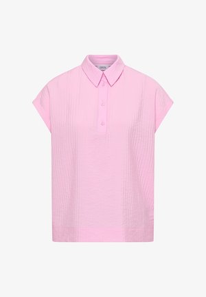 Vaaleanpunainen lyhythihainen paita, jossa terävä kaulus, kolmen napin lista ja hienovarainen pystysuora tekstuuri, kauluksessa "Cecil"-merkintä.