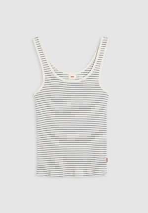 Raidallinen toppi valkoisena ja tummansinisenä, jossa on pyöreä kaula-aukko, leveät olkaimet ja tiukka malli kevyestä puuvillakankaasta.