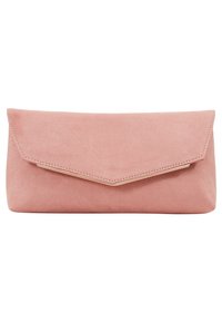 Soft pink suede envelope clutch purse with a subtle gold-tone V-shaped metal trim on the flap closure, isolated on white background.