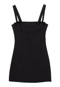 Fekete ujjatlan ruha, testhezálló szabással, pántjain masnikkal és puha, sima textúrával. Egyszerű, minimalista dizájn.