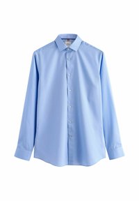 Hellblaues Langarmhemd aus glattem Stoff mit klassischem Kragen, Knopfleiste und geradem Saum ohne auffällige Muster.