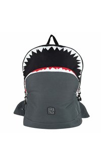 Gray backpack with a black, white, and red shark-inspired design featuring teeth accents, durable fabric, two side pockets, and logo detail.