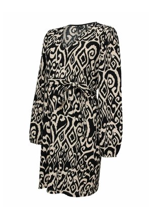 Zwart- en beige abstracte lange-mouwenjurk met V-hals en ceintuur met strik in de taille, uitgevoerd in een licht getextureerde stof.