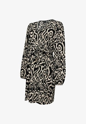 Abito a maniche lunghe con motivo astratto nero e beige, scollo a V e cintura annodata in vita, realizzato in tessuto leggermente strutturato.