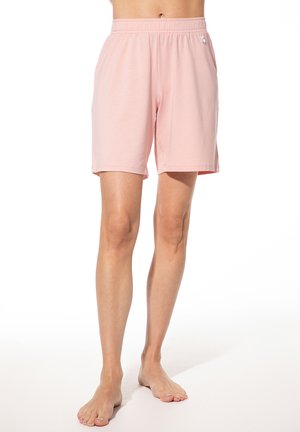 Helle rosa, knielange Shorts aus weichem Stoff mit einem elastischen Bund und einem kleinen Logo-Accents auf dem linken Oberschenkel.