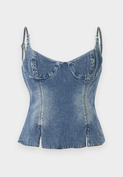 Denim korsettopp med justerbara axelremmar, ljusblå tvätt, strukturerade kupor, utsvängd nederkant och sidofåror för en åtsittande siluett.