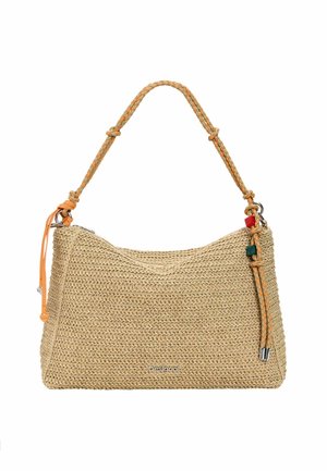 Bézs színű szőtt kézitáska fonott fogantyúval, kis díszítő gyöngyökkel és a "Desigual" logóval a középső előoldalon.