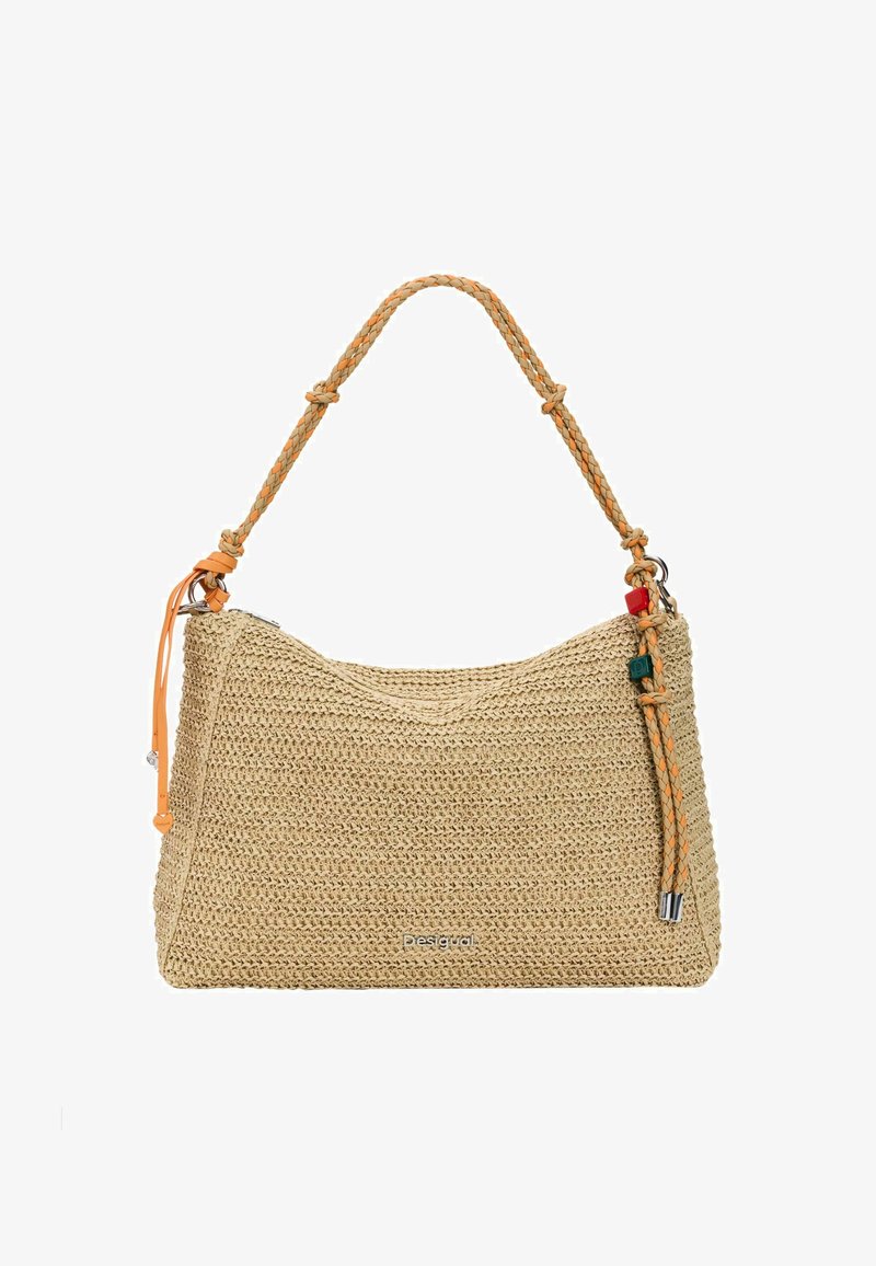Sac à main beige tissé avec poignée tressée, petites perles décoratives et logo "Desigual" au centre devant.
