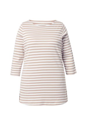 Pruhovaný top s dlouhým rukávem v světle růžové a bílé barvě, s kulatým výstřihem a bočními rozparky pro lepší pohyb. Měkká textura látky.
