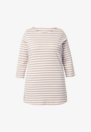 Langærmet top med striber i lyserød og hvid, med rund halsudskæring og sideslidser for bedre bevægelsesfrihed. Blød stoftekstur.