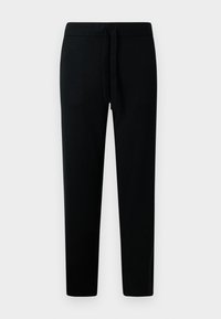 Black sweatpants featuring a drawstring waistband, tapered legs, and a soft texture, suitable for casual or athletic wear.