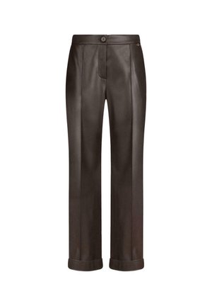 Pantaloni in pelle dritti color marrone scuro con orli risvoltati, chiusura con bottone e dettagli di cucitura sottili sulla parte anteriore.