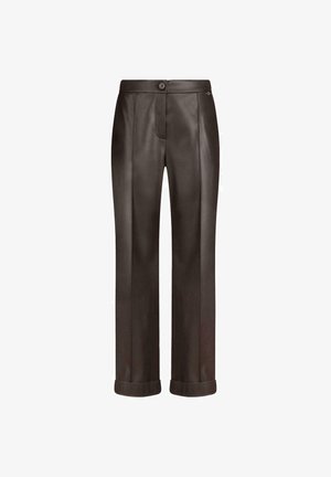 Dunkelbraune gerade geschnittene Lederhosen mit gekrempelten Säumen, Knopfverschluss und dezenten Nahtdetails auf der Vorderseite.