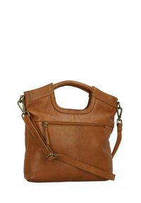Borsa a tracolla in pelle color tan con una forma strutturata, manici superiori e una tracolla removibile. Presenta una tasca frontale con zip e dettagli di cucitura minimalisti.