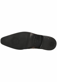 Suela de zapato de cuero negro con punta redondeada, con una textura suave y un logo en relieve. Incluye pequeños clavos metálicos para agarre.