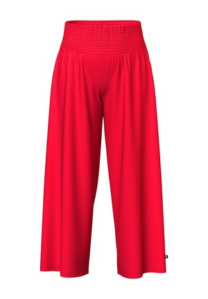 Lyse røde bukser med brede ben og høj, rynket elastisk talje, vist mod en hvid baggrund.