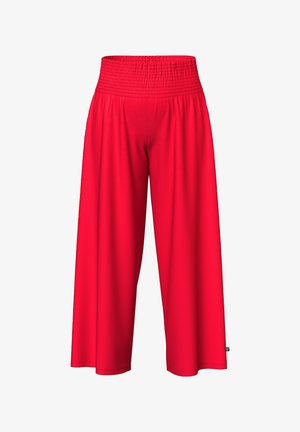 Jasnoczerwone, szerokie spodnie o długości do połowy łydki z wysokim, marszczonym elastycznym pasem, prezentowane na białym tle.