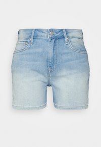 Jeansshorts i ljusblå tvätt, med femficksdesign, knappstängning och fransade kanter. Slät yta med subtila blekningar.
