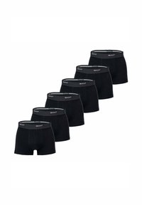 Black boxer shorts made of soft fabric, featuring a gray elastic waistband with the brand name. Set of six displayed in a row.