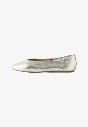Metallic gold ballet flats with a pointed toe, smooth upper texture, and minimalistic design. Features a flat sole for comfort.