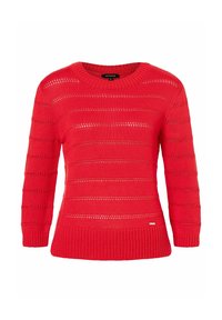 Rosa gestrickter Pullover mit Rundhalsausschnitt, der horizontale Streifen und offene Maschenmuster aufweist. Rippbündchen an Saum und Ärmel, lässige Passform.