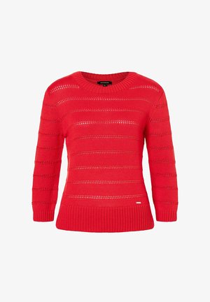 Red knitted sweater with a crew neck, featuring horizontal stripes and open stitch patterns. Ribbed hem and cuffs, casual fit.