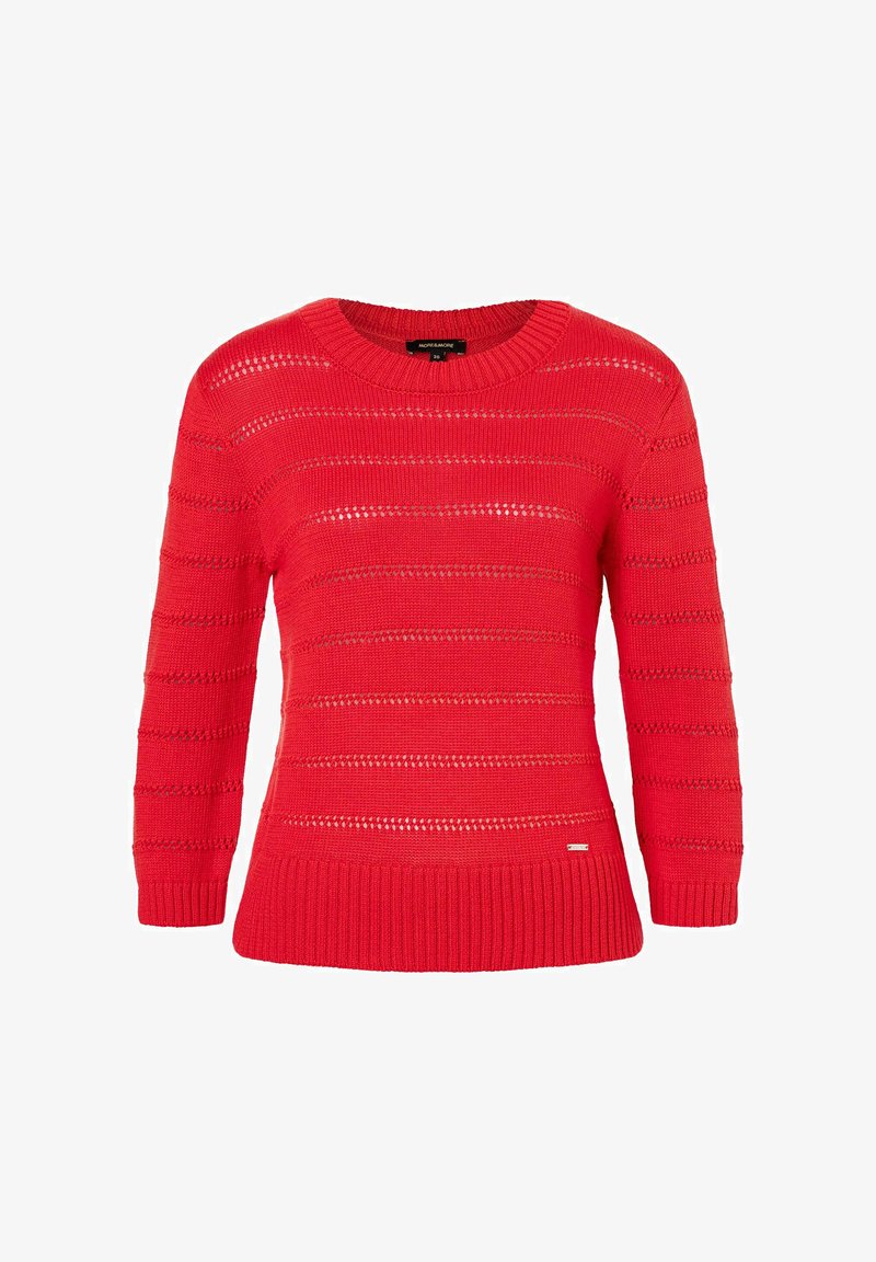 Rosa gestrickter Pullover mit Rundhalsausschnitt, der horizontale Streifen und offene Maschenmuster aufweist. Rippbündchen an Saum und Ärmel, lässige Passform.