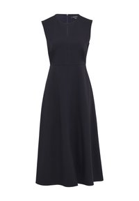 Robe noire sans manches avec une silhouette en A, longueur au genou, tissu lisse, détail de couture à l'avant et fermeture éclair cachée au dos.