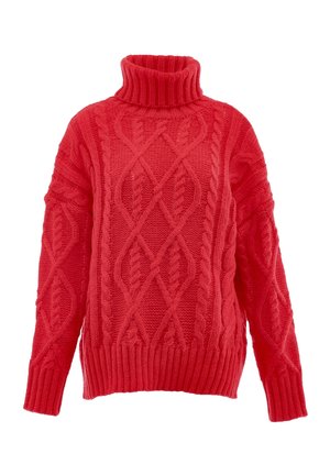 Czerwony sweter z dzianiny z wysokim golfem, z misternymi wzorami w warkocz, z prążkowanymi mankietami i dołem. Gruba tekstura i luźny krój.