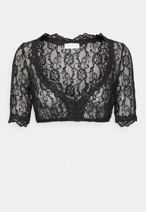 Černý krajkový bralet s krátkým rukávem, s hlubokým výstřihem a květinovým vzorem, doplněný o vykrojené okraje. Měkká, poloprůhledná textura.