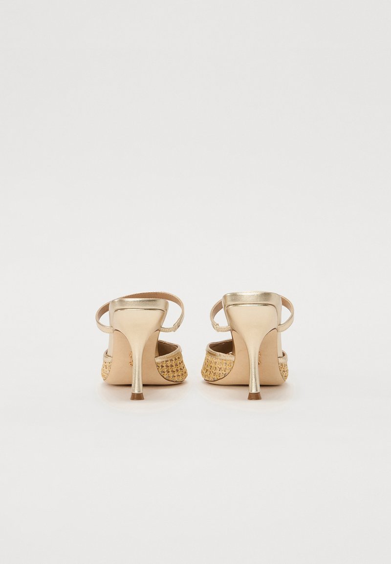 Goldene High Heels mit Knöchelriemchen, texturierte goldbraune Akzente am Absatz, mit einer glatten, metallischen Oberfläche und spitzem Zeh.