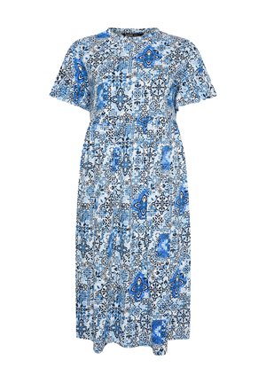 Vestito midi azzurro con maniche corte, caratterizzato da un motivo decorativo floreale e geometrico blu e nero.