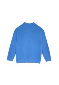 Maglione blu lavorato a maglia con scollo rotondo, maniche lunghe e polsini e orlo a coste. Motivo testurizzato su tutta la stoffa.