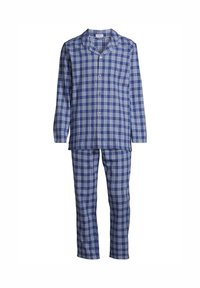 Set di pigiama a quadretti blu e bianchi composto da una maglietta con bottoni a maniche lunghe e pantaloni coordinati, realizzato in morbido cotone.